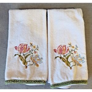 Vintage Avanti Rose Floral Embroidered Hand Towels Set 2 Cotton Guest Bath Decor